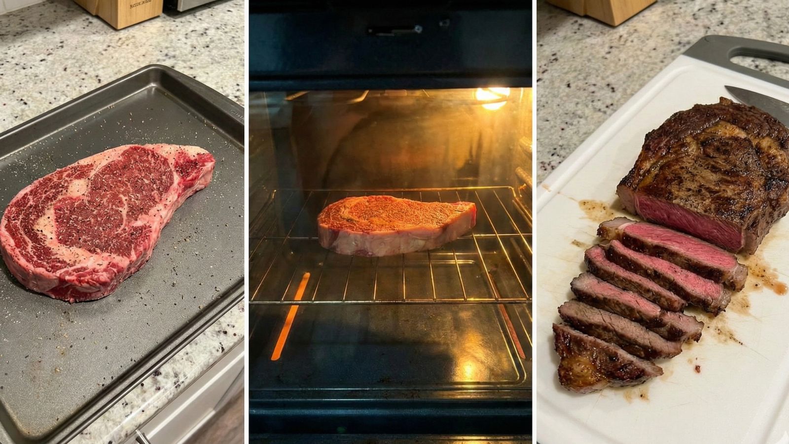 Steak cooking stages from raw to oven roast to sliced finish