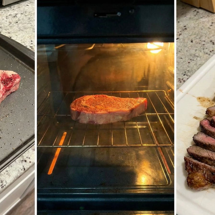 Steak cooking stages from raw to oven roast to sliced finish