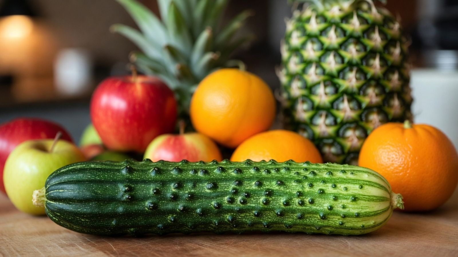 Bumpy cucumber displayed with apples, oranges, and pineapple behind