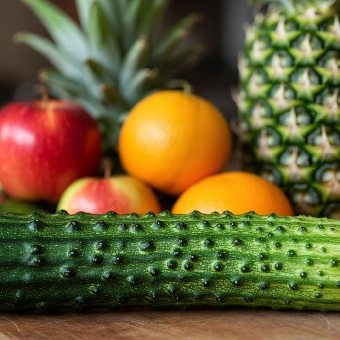 Bumpy cucumber displayed with apples, oranges, and pineapple behind