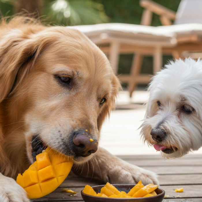 Two dogs eating mango pieces together on outdoor wooden deck