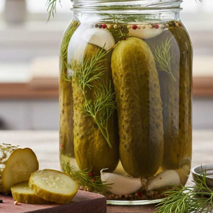 Big pickle jar with dill and garlic; sliced pickle, peppercorns front