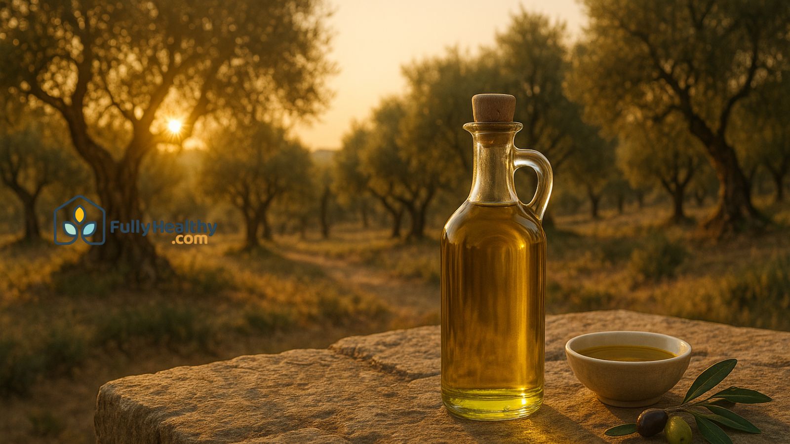 Bottle of olive oil and bowl in olive grove at sunset in countryside.