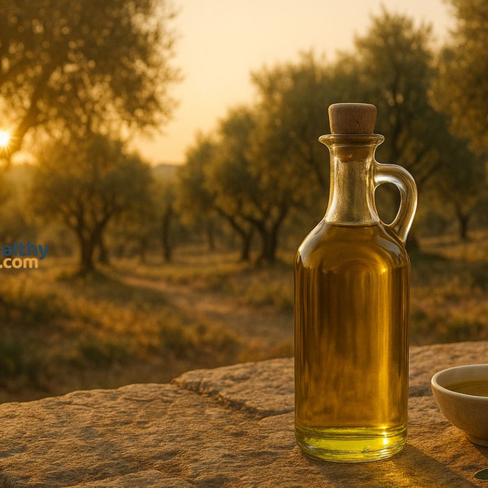 Bottle of olive oil and bowl in olive grove at sunset in countryside.