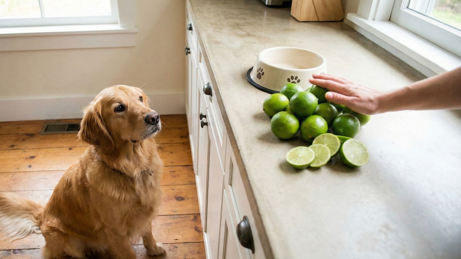 Dog watching pile of limes on kitchen counter near food bowl