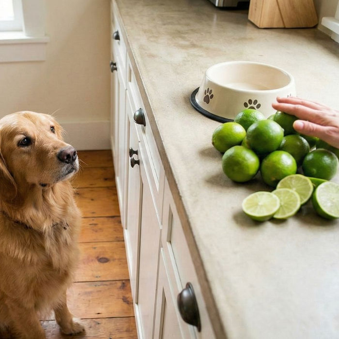 Dog watching pile of limes on kitchen counter near food bowl