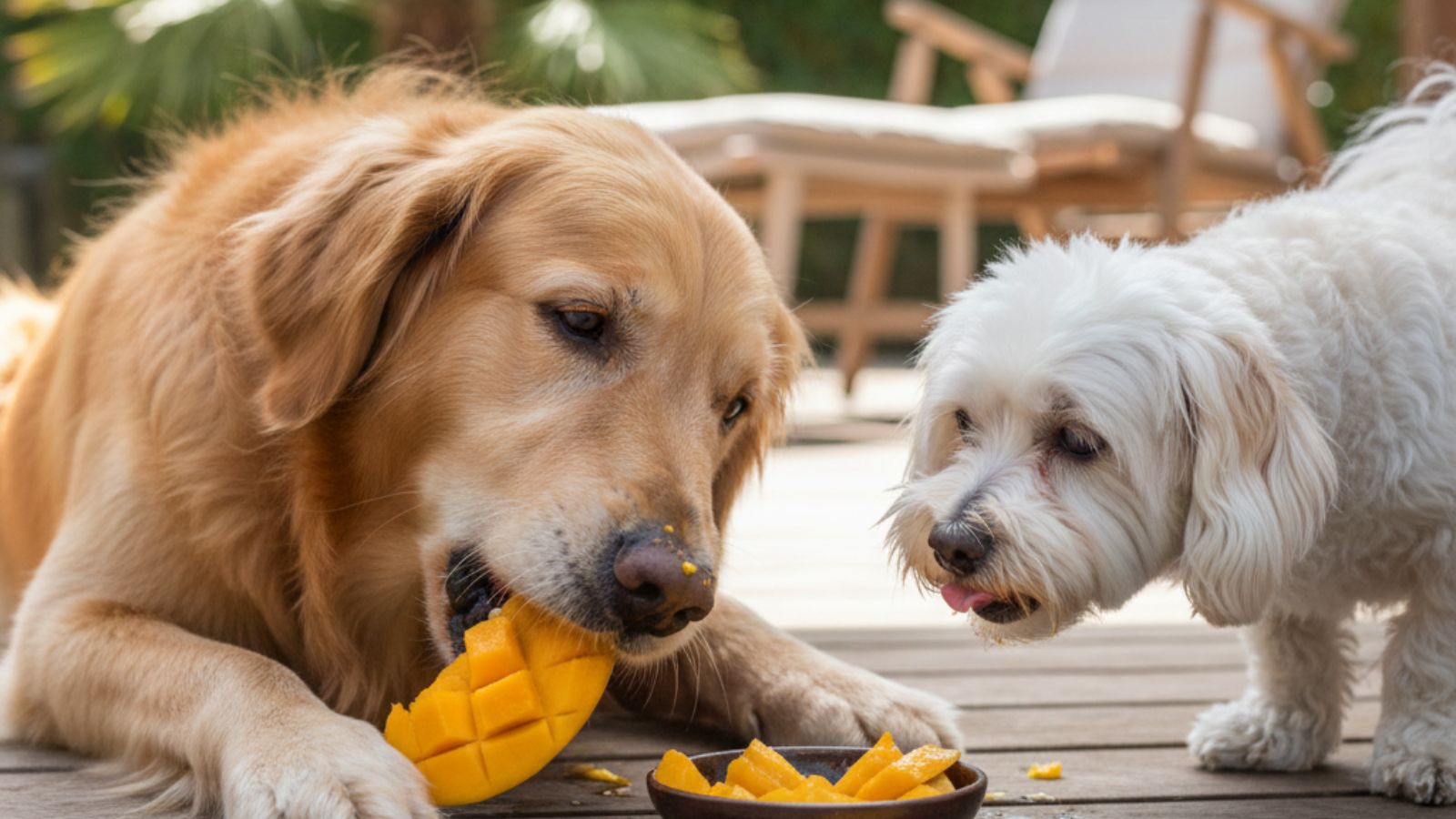Two dogs eating mango pieces together on outdoor wooden deck