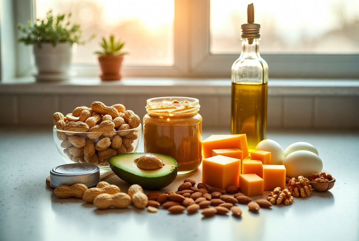 Keto-friendly peanuts, peanut butter, avocado, eggs and cheese spread