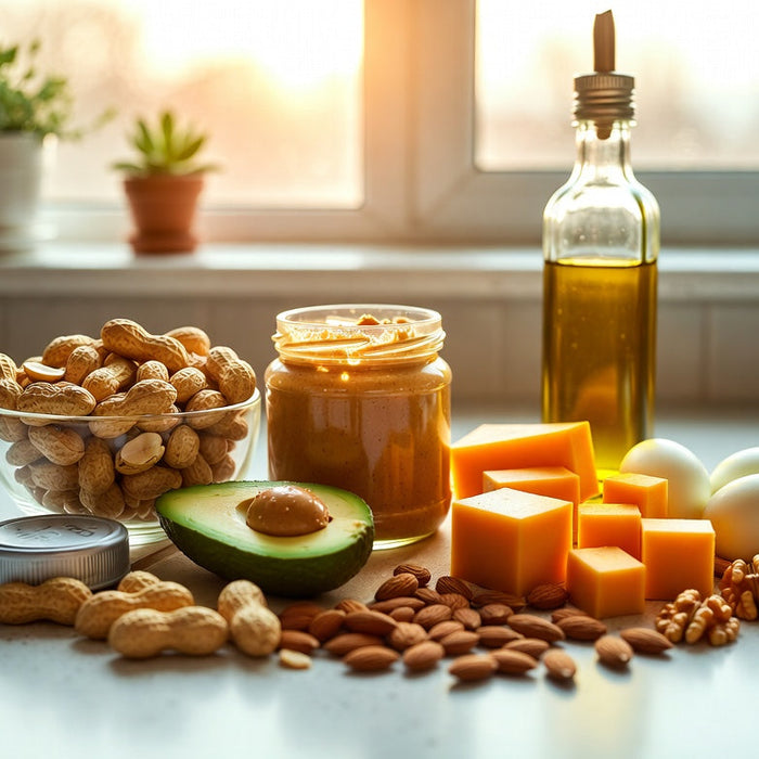 Keto-friendly peanuts, peanut butter, avocado, eggs and cheese spread
