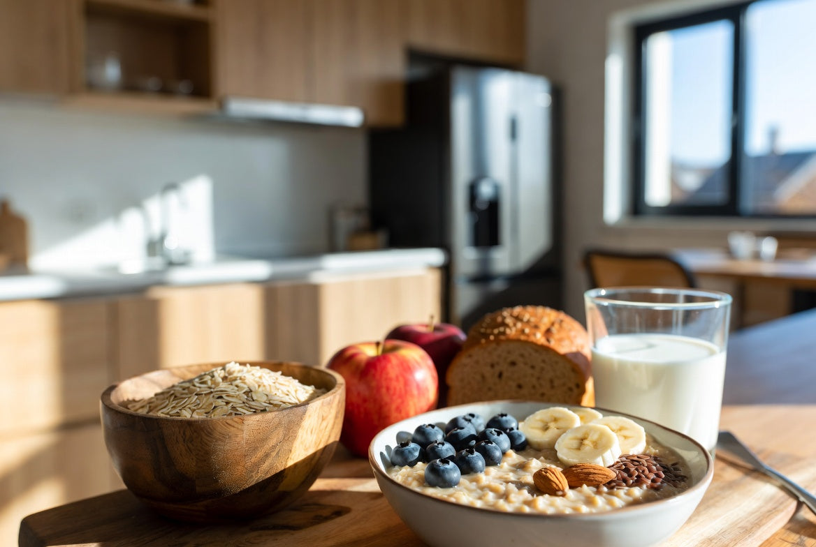 Bowl of oatmeal with oats, fruit, and milk for a fiber-rich breakfast
