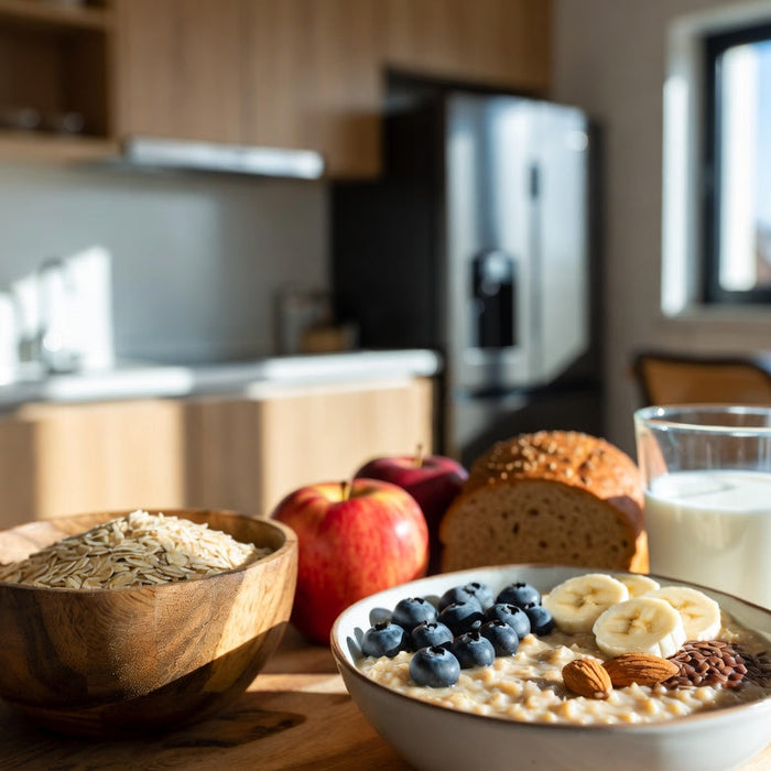 Bowl of oatmeal with oats, fruit, and milk for a fiber-rich breakfast