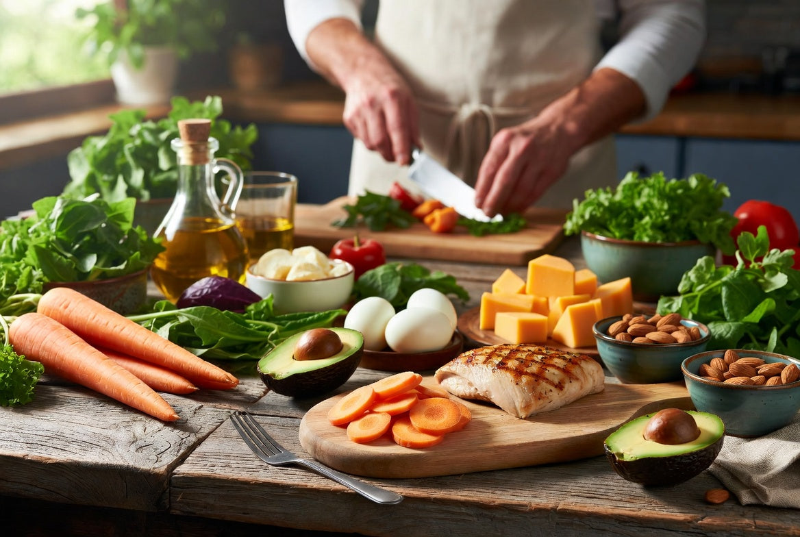 Keto-friendly carrots with chicken, avocado, eggs and healthy foods