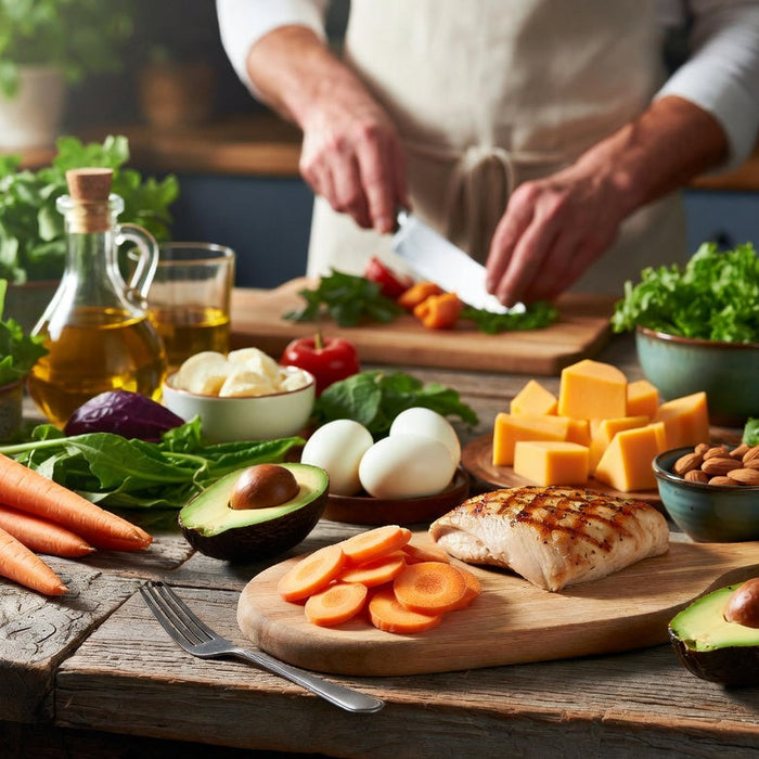 Keto-friendly carrots with chicken, avocado, eggs and healthy foods