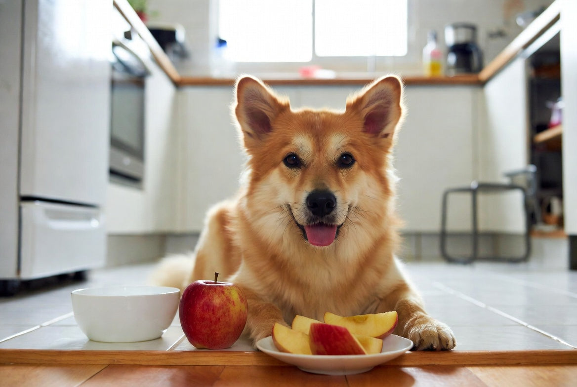 Dog sitting beside apple slices and a whole apple in kitchen