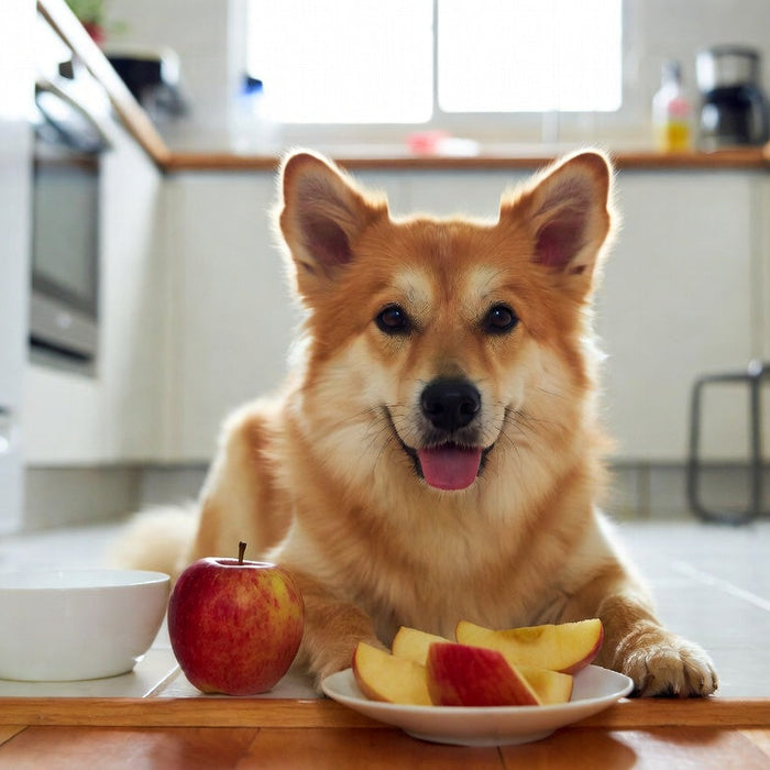 Dog sitting beside apple slices and a whole apple in kitchen