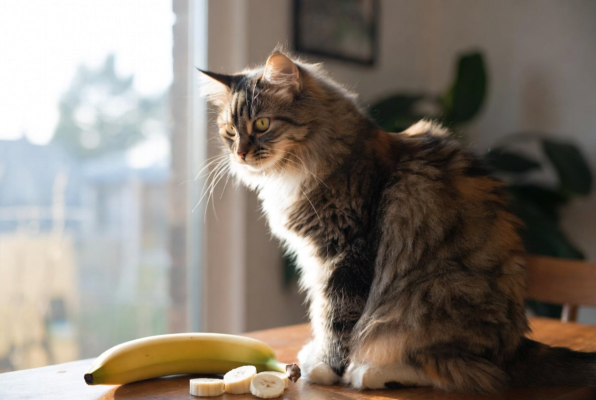 Fluffy cat beside a banana and slices on a sunlit wooden table top now