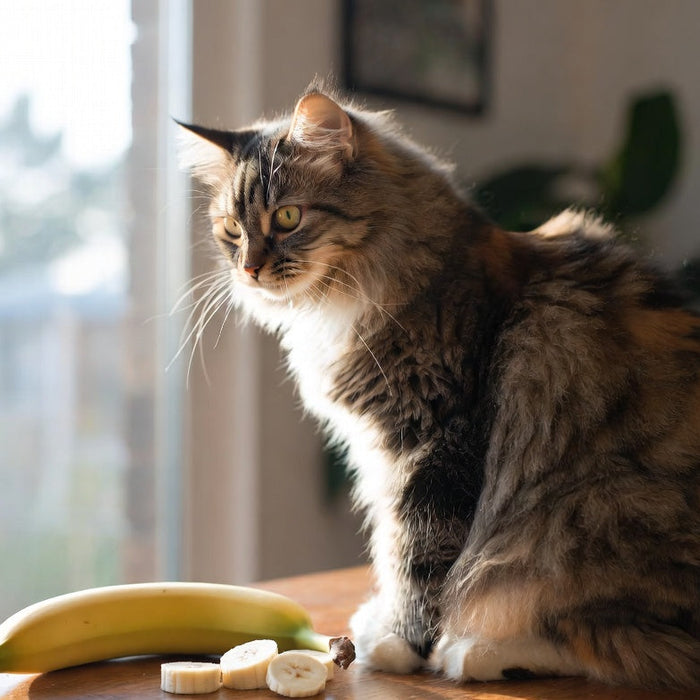 Fluffy cat beside a banana and slices on a sunlit wooden table top now