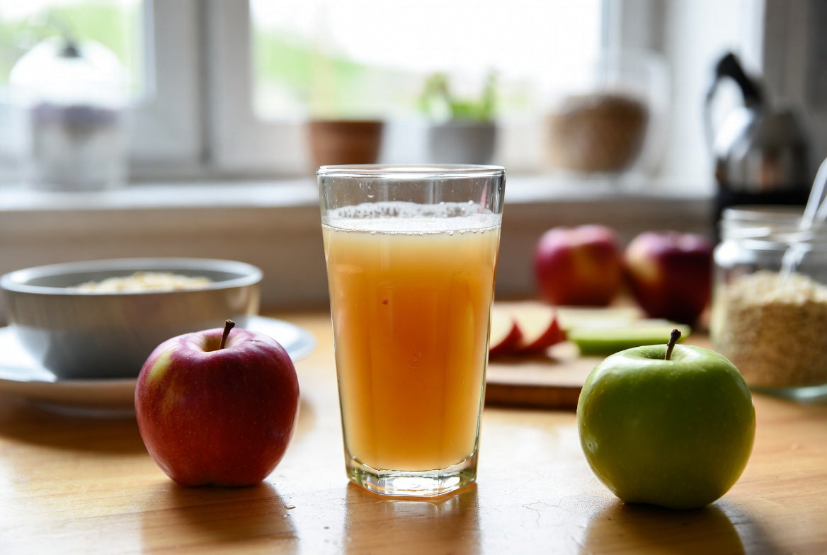 Glass of apple juice with fresh apples on a kitchen table