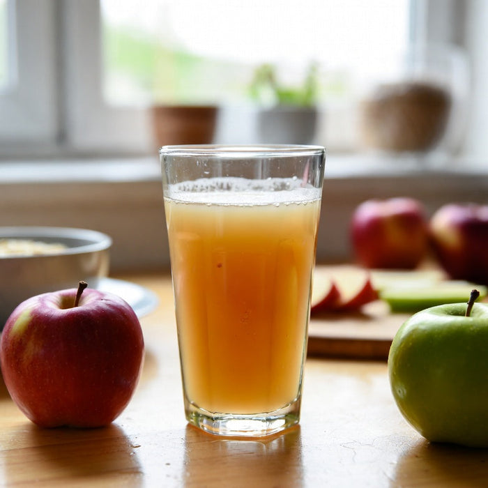 Glass of apple juice with fresh apples on a kitchen table