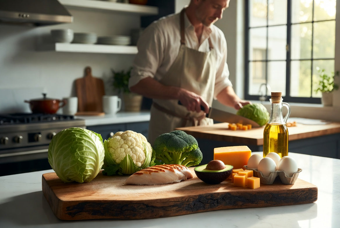 Chef slices cabbage beside low-carb food in a warm sunny home kitchen.