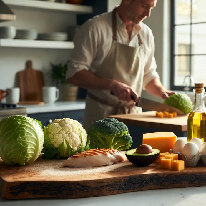 Chef slices cabbage beside low-carb food in a warm sunny home kitchen.