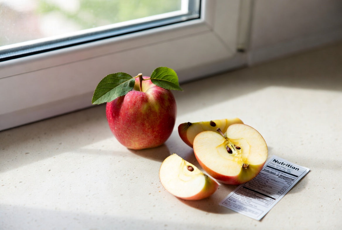 Apple slices with nutrition label beside whole apple on windowsill
