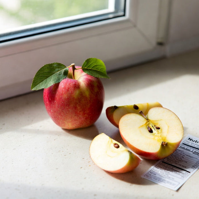 Apple slices with nutrition label beside whole apple on windowsill