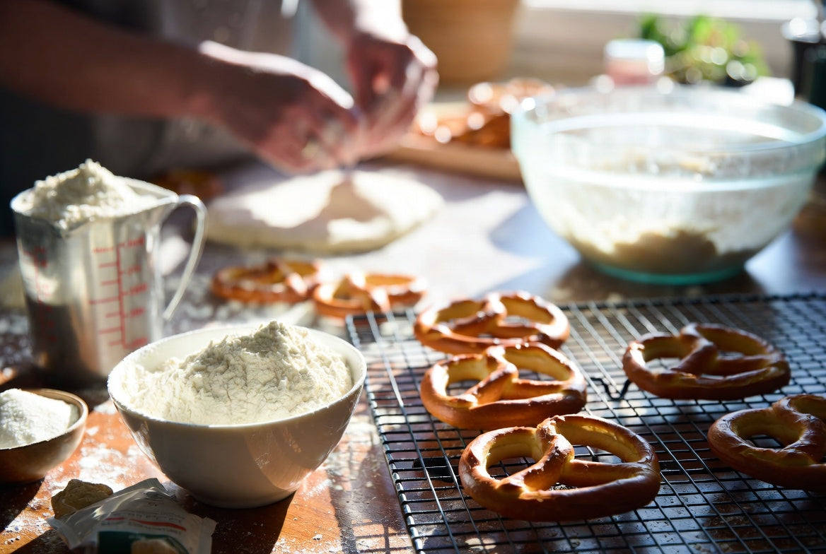Freshly baked gluten-free pretzels cooling on a wire baking rack