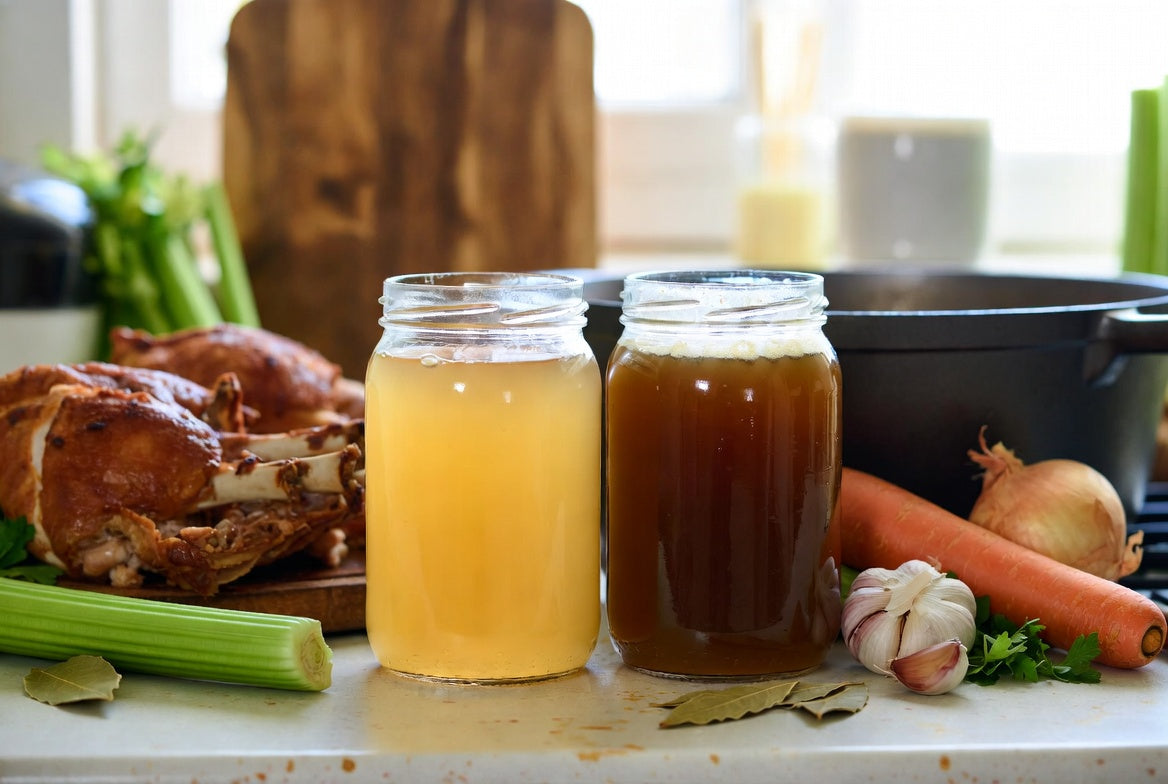 Chicken broth and chicken stock jars with vegetables on kitchen counter