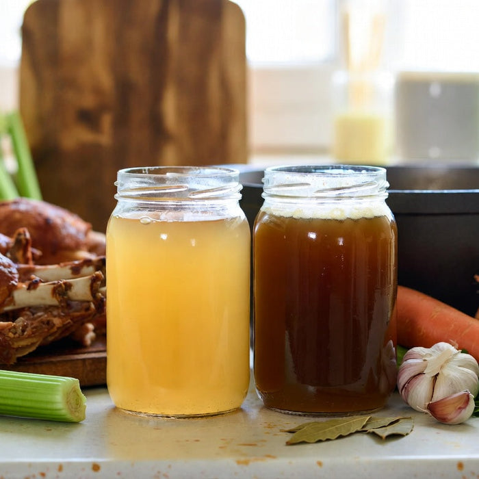Chicken broth and chicken stock jars with vegetables on kitchen counter