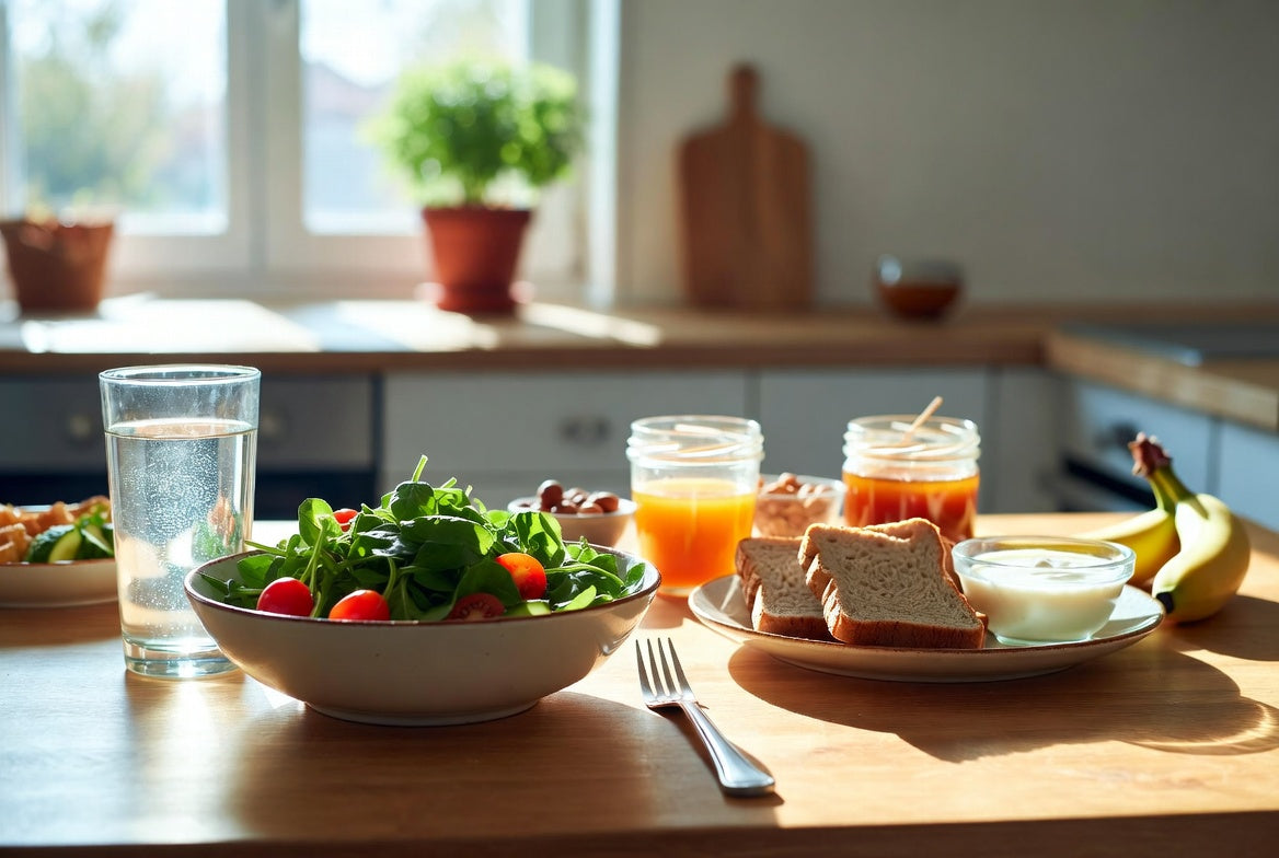 Healthy spinach salad with water and breakfast foods on table