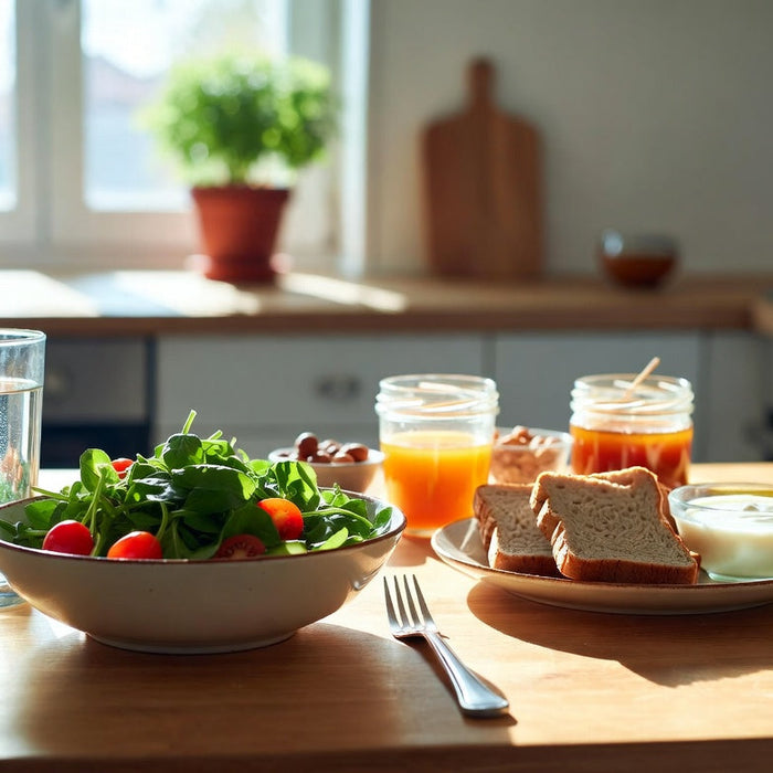 Healthy spinach salad with water and breakfast foods on table