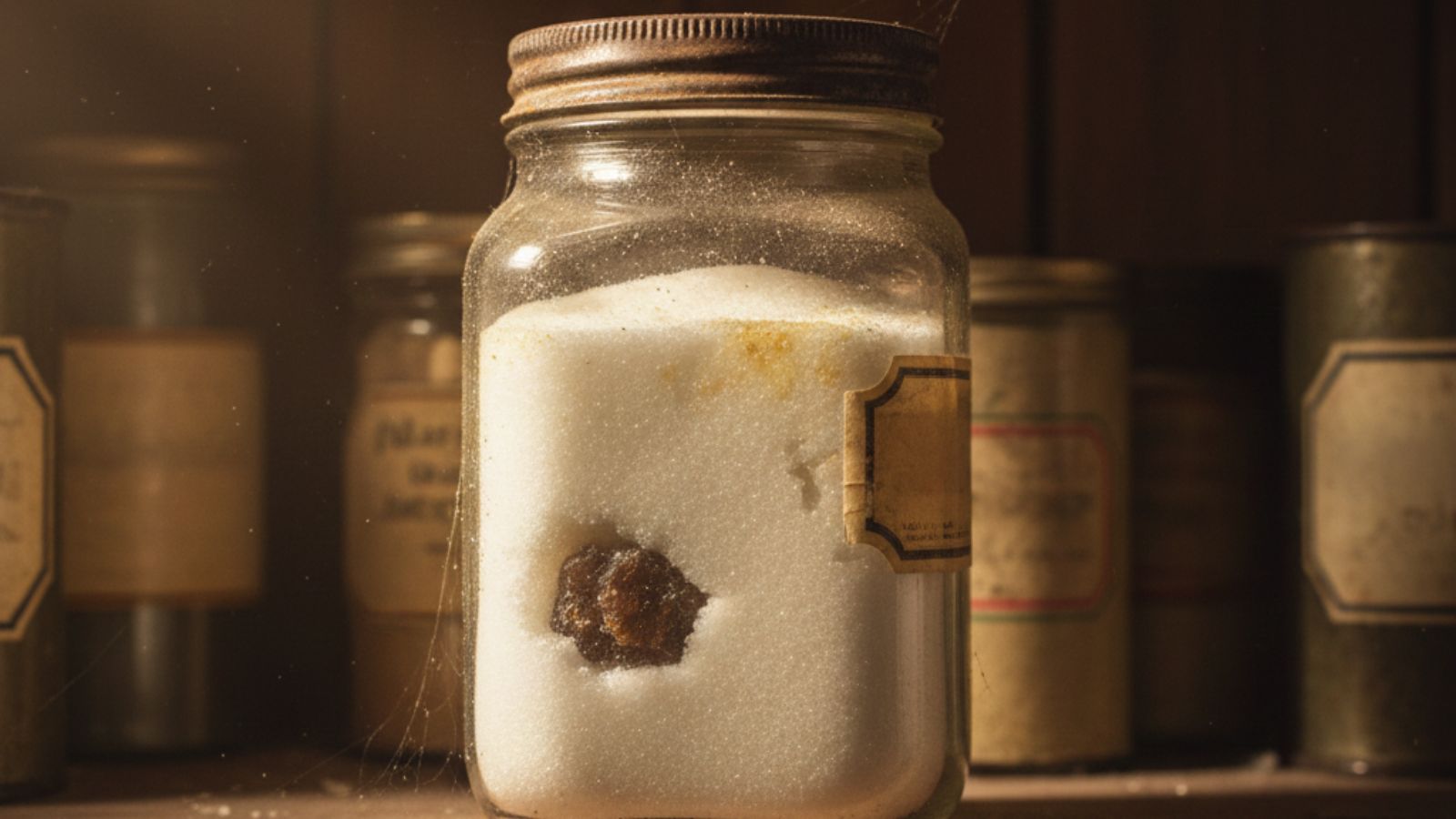 Glass jar of sugar with dark clump inside on pantry shelf