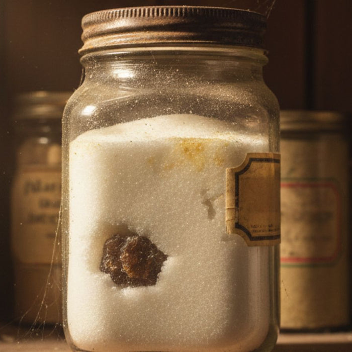 Glass jar of sugar with dark clump inside on pantry shelf
