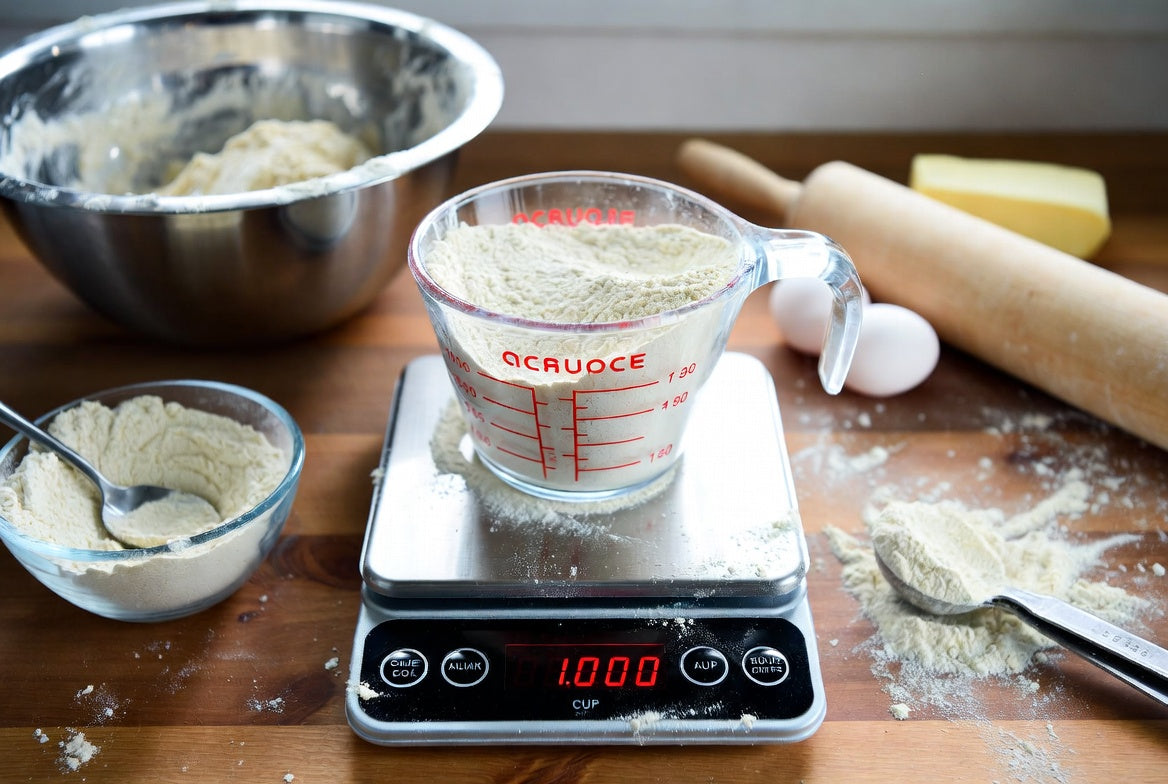 Cup of flour weighed on digital scale with baking ingredients nearby