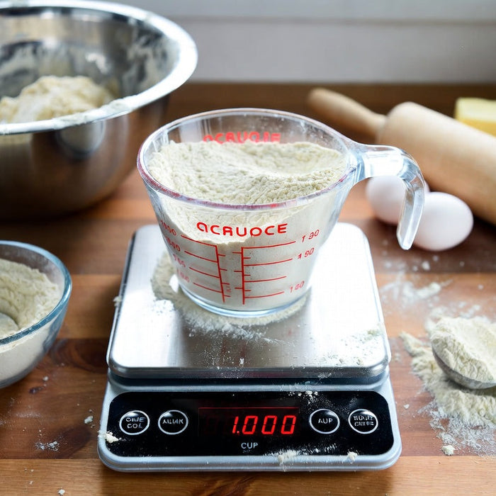 Cup of flour weighed on digital scale with baking ingredients nearby