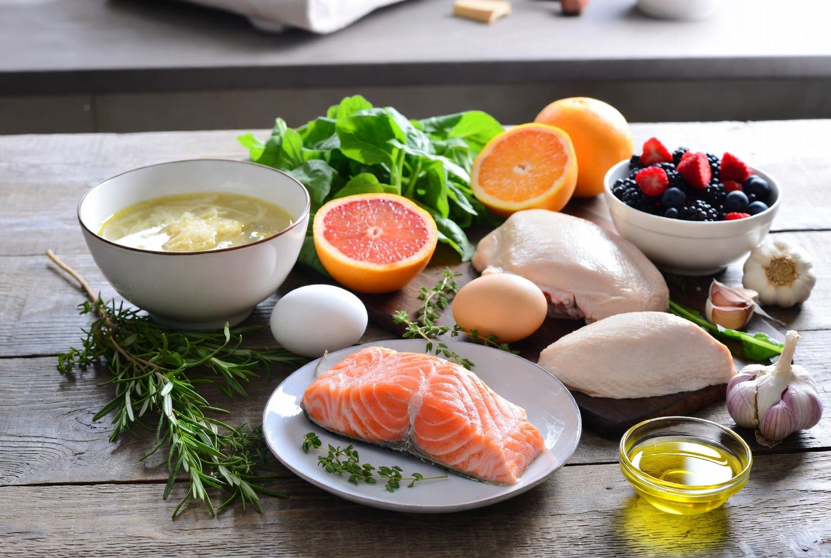 Collagen-rich foods including salmon, chicken, eggs, broth, and citrus