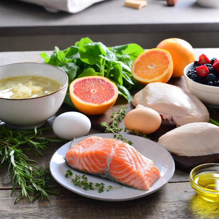 Collagen-rich foods including salmon, chicken, eggs, broth, and citrus