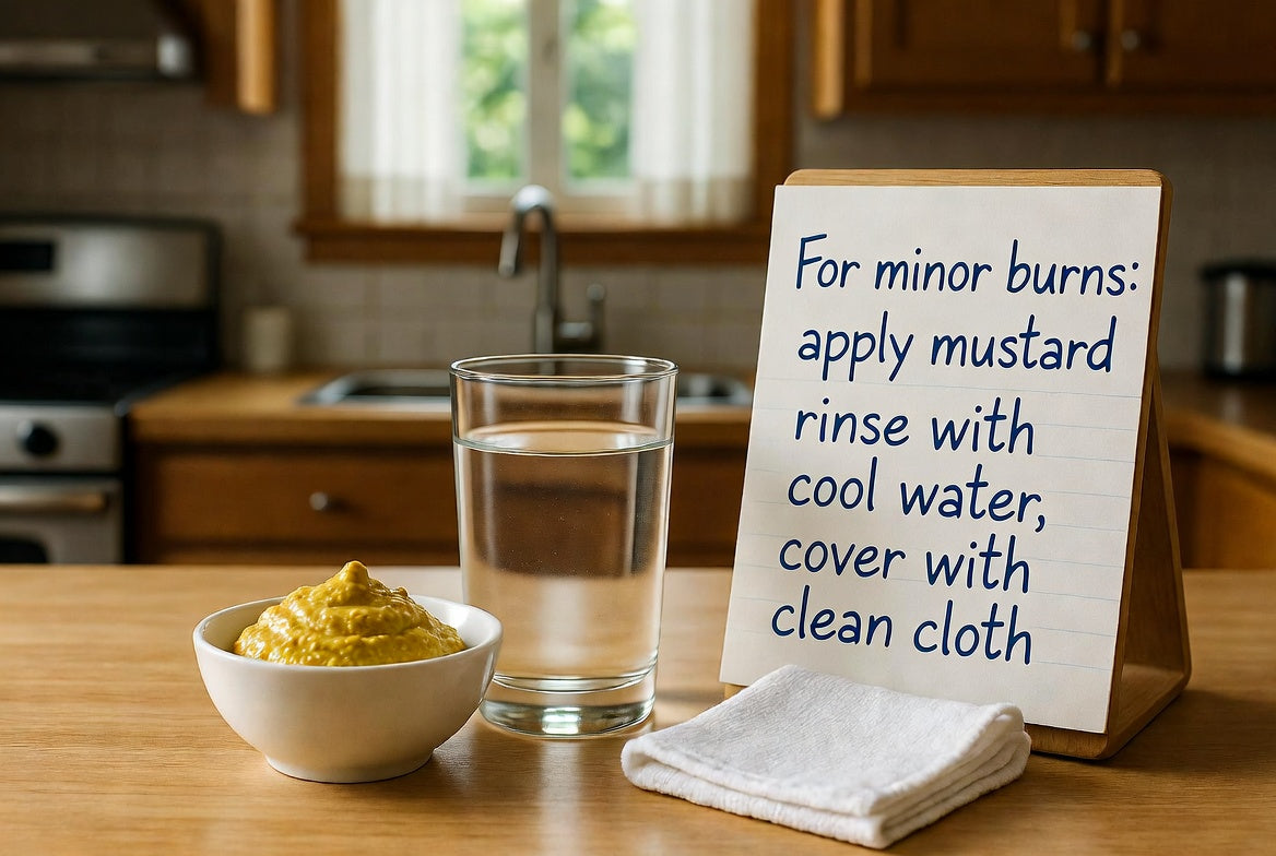 Mustard bowl with cool water and cloth for minor burn care