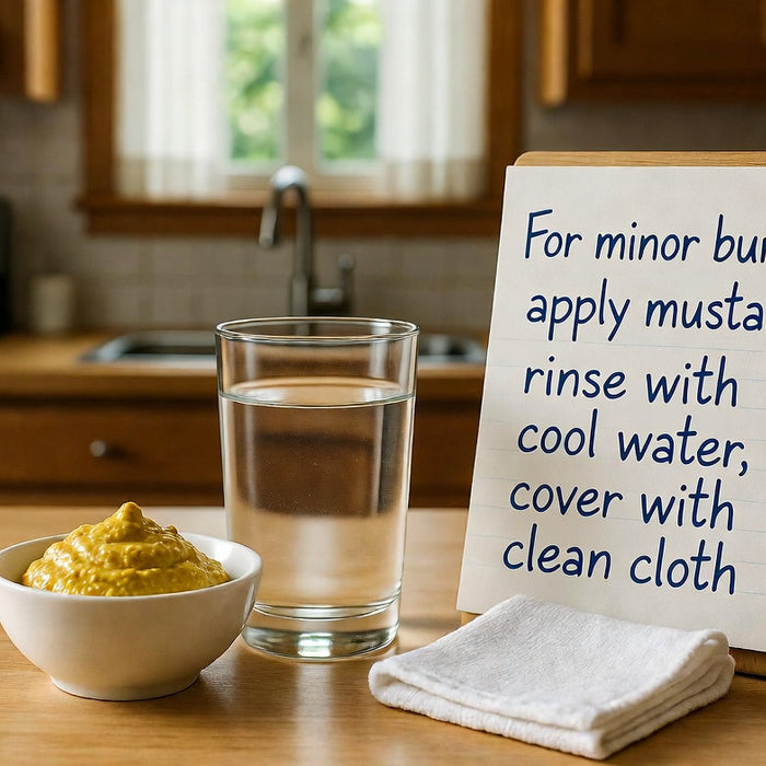 Mustard bowl with cool water and cloth for minor burn care