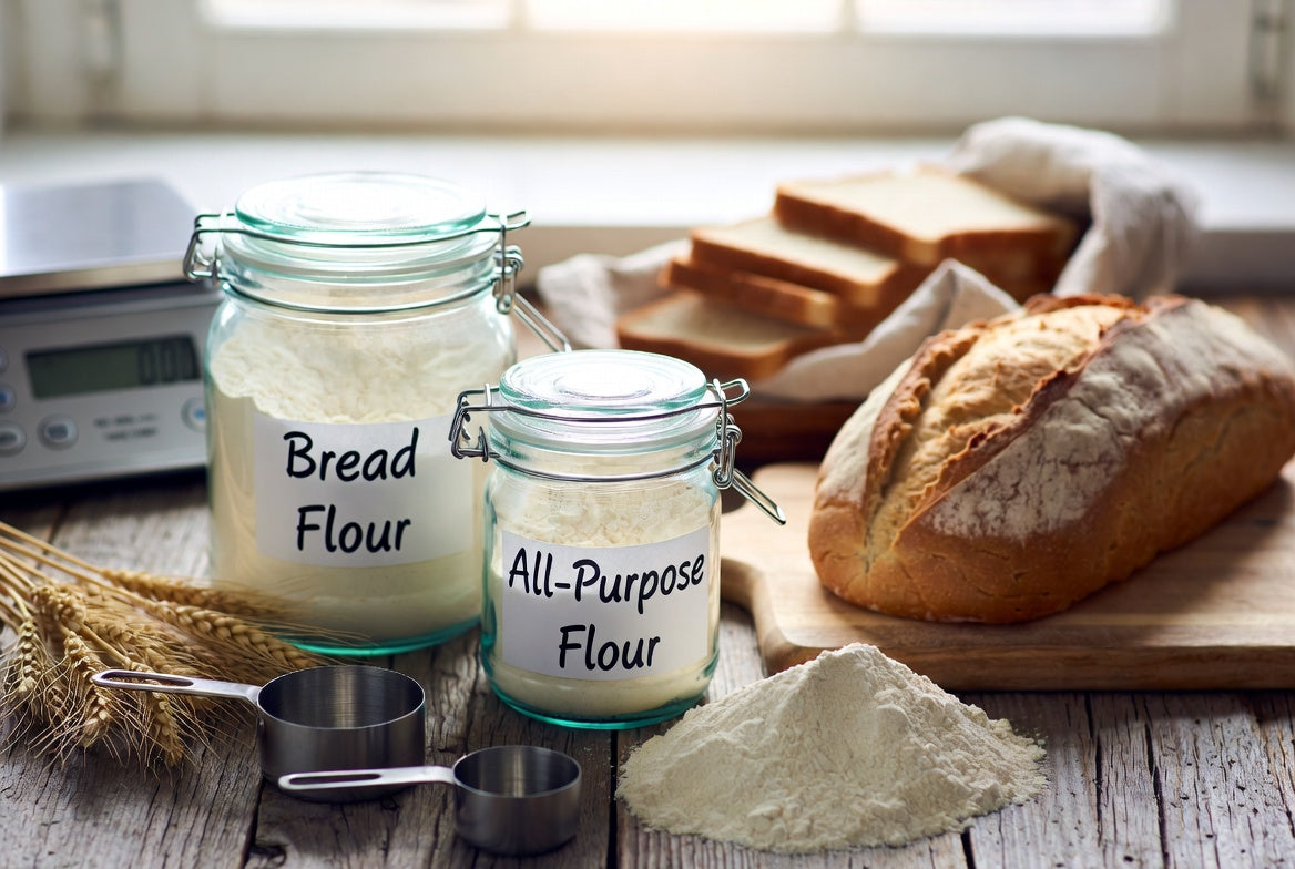 Bread flour and all-purpose flour jars with fresh artisan bread loaf