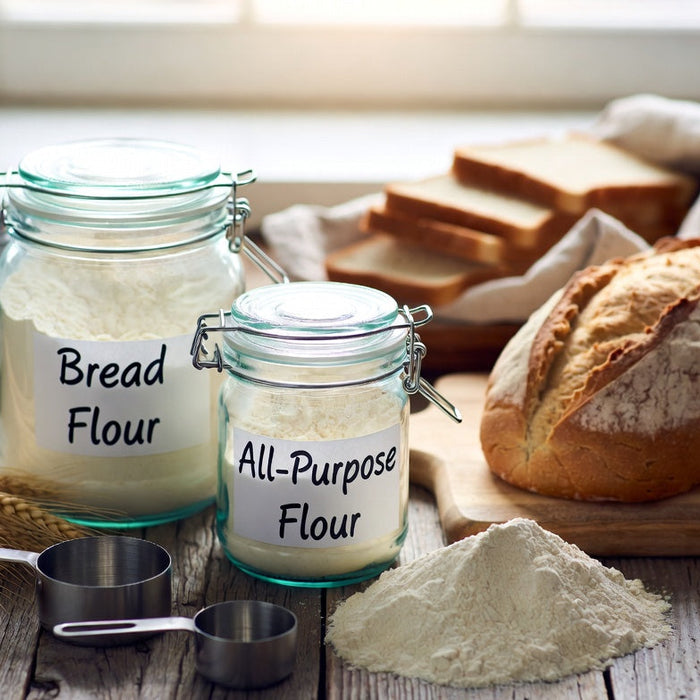 Bread flour and all-purpose flour jars with fresh artisan bread loaf