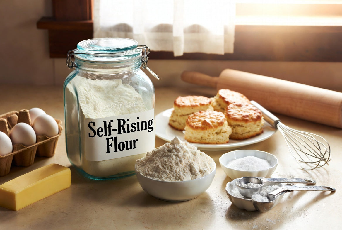 Self-rising flour with biscuits, eggs, and baking tools on counter