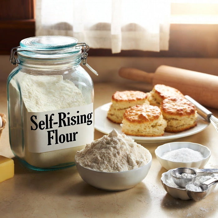 Self-rising flour with biscuits, eggs, and baking tools on counter