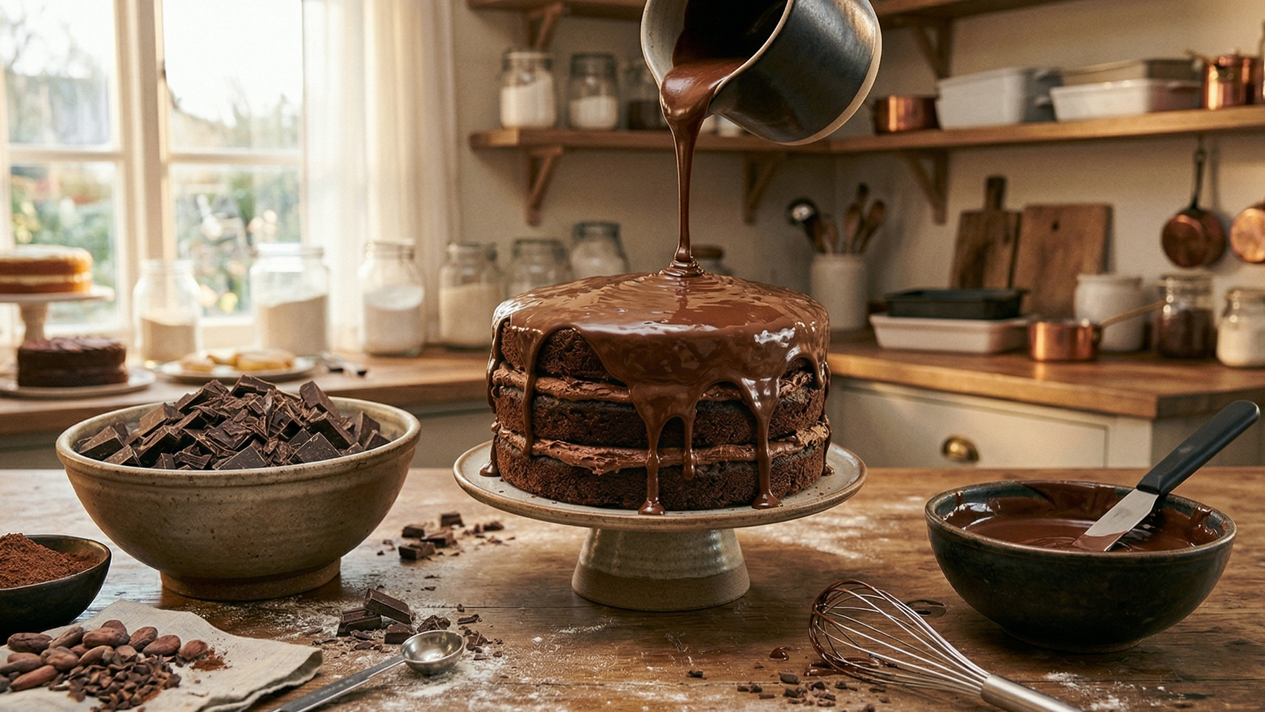 Dark chocolate glaze poured over layered cake on rustic counter