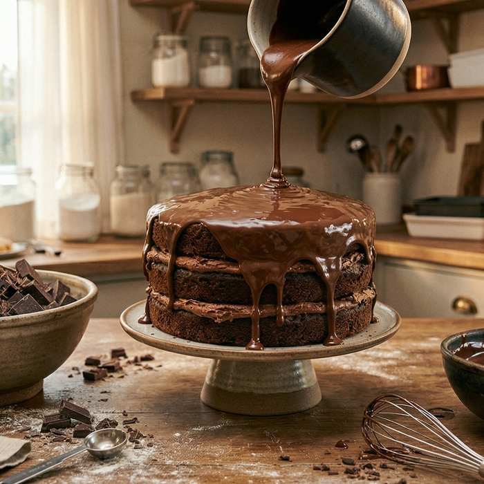 Dark chocolate glaze poured over layered cake on rustic counter
