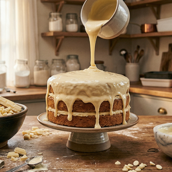 White chocolate glaze poured over layered cake in cozy kitchen