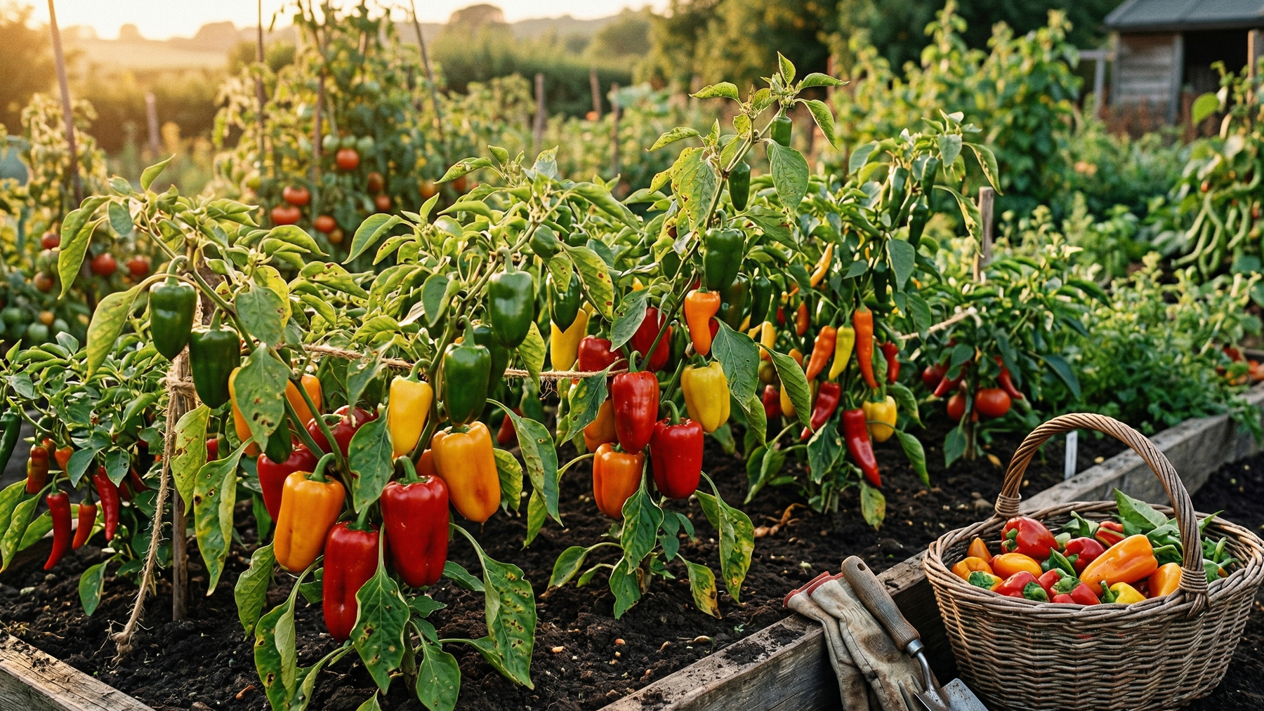 Bell peppers ripening in raised garden bed at golden sunset