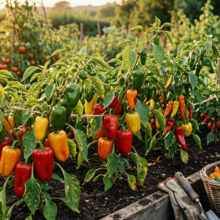 Bell peppers ripening in raised garden bed at golden sunset