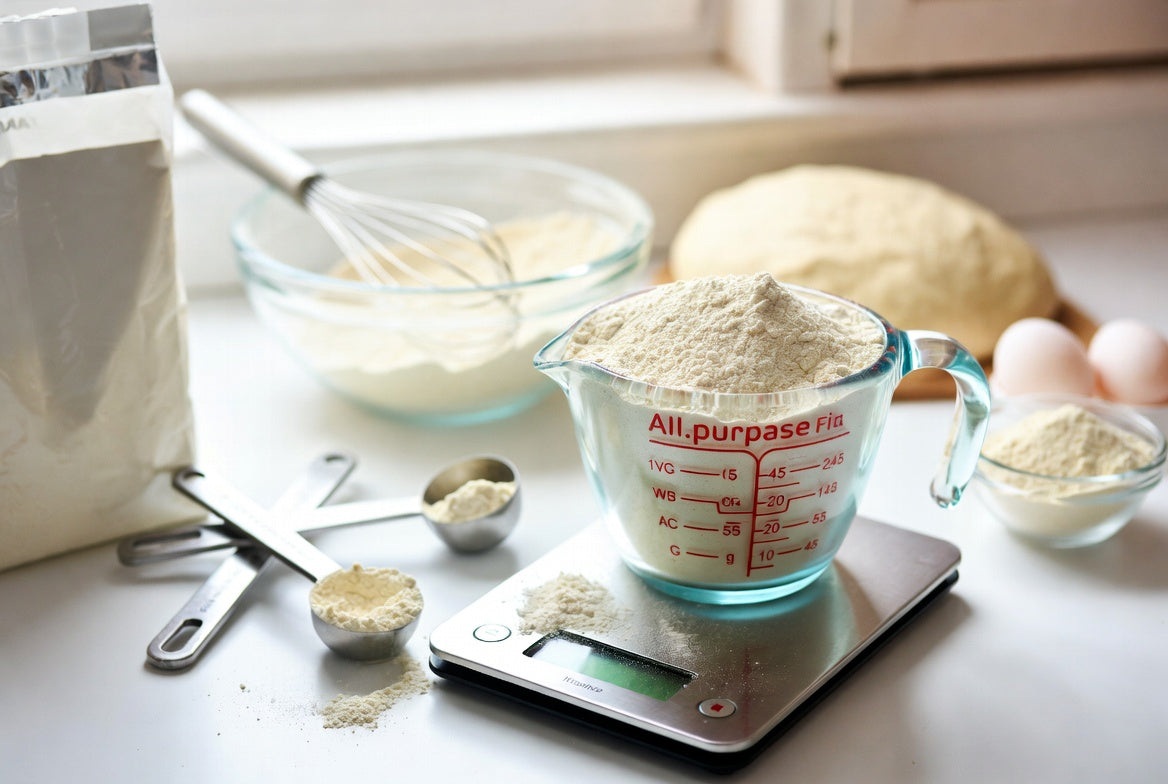 Measuring cup of flour on digital kitchen scale for baking weights